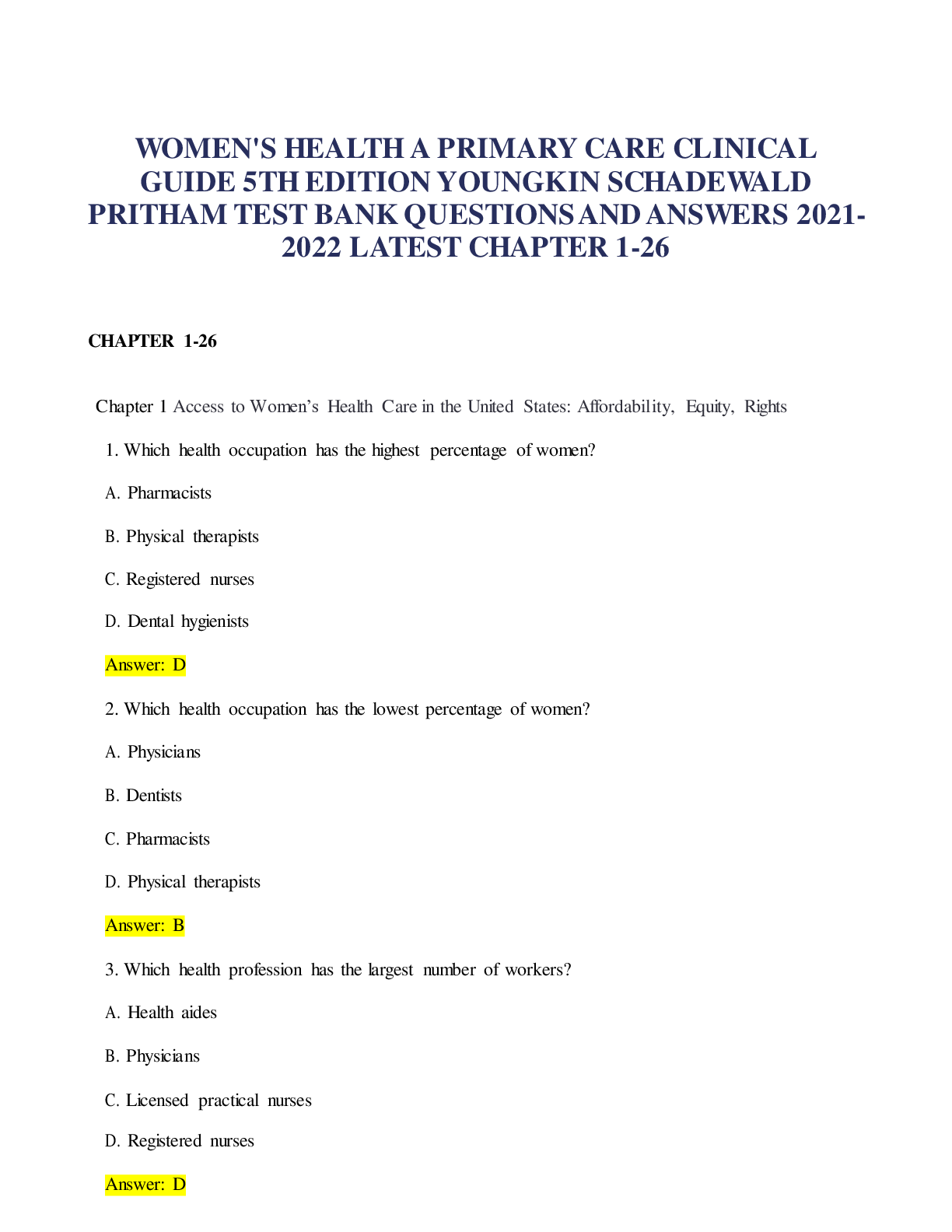 Preview image for WOMEN'S HEALTH A PRIMARY CARE CLINICAL GUIDE 5TH EDITION YOUNGKIN SCHADEWALD PRITHAM TEST BANK QUESTIONS AND ANSWERS 2021-2022 LATEST CHAPTER 1-26